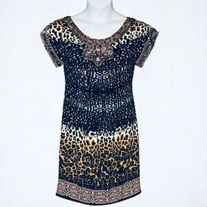 ECI New York Beaded Cocktail Dress Brown Animal Print Purple Scoop Neck Size 6